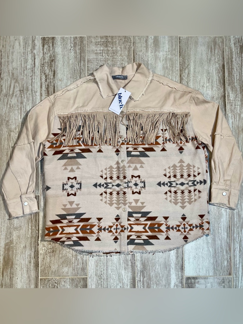 Blue B Shacket/Jacket/Shirt Women M Aztec Western Fringe Oversized NWT